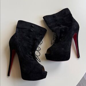 Christian Louboutin Black Suede Peep-Toe Lace-Up Booties with Red Sole
